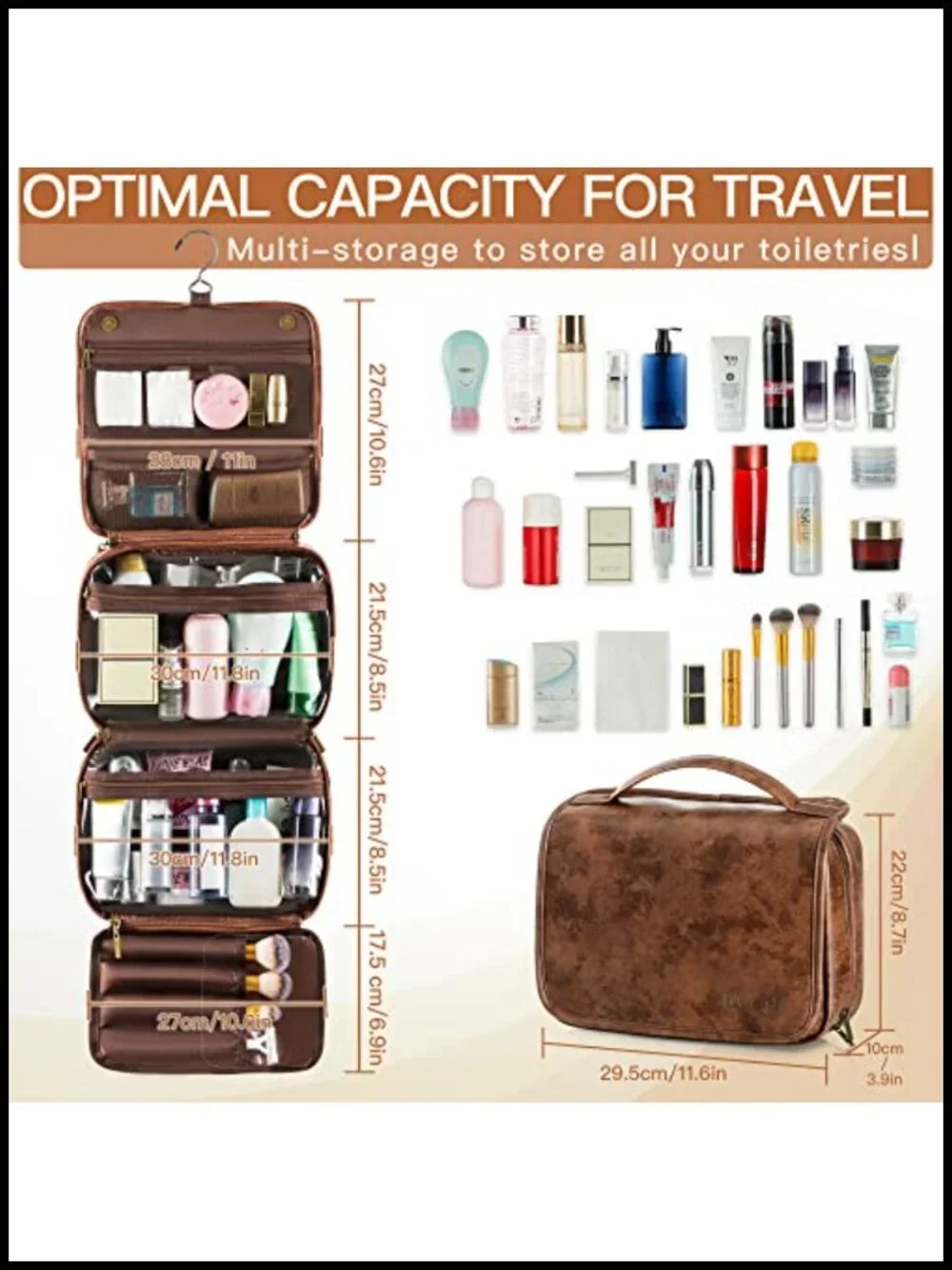 Elviros Hanging Toiletry Bag with Removable Compartments, PU Leather, Dark Brown